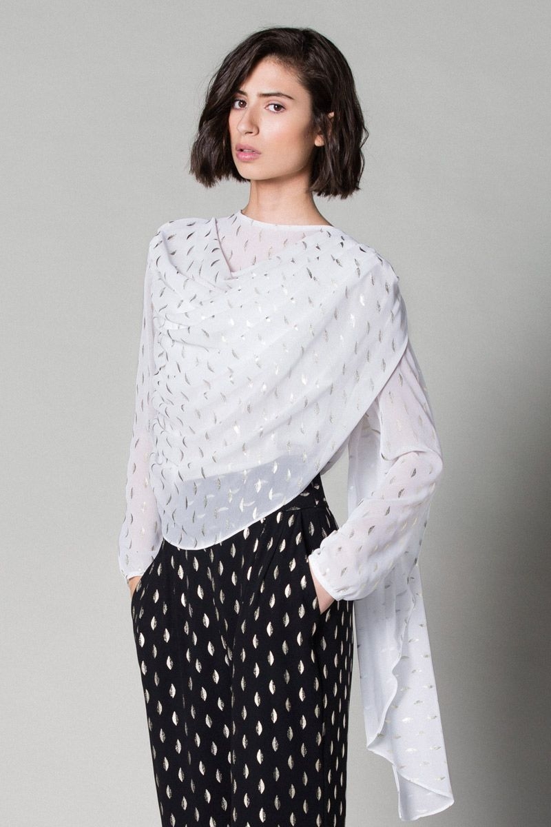 blusa de fiesta blanca con estampado de hojas doradas de manga larga de boda evento coctel bautizo comunion de nubbe en apparentia