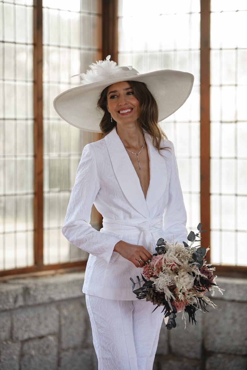  traje de chaqueta en jacquard brocado blanco blazer cuello esmoquin, boda civil, madre de comunion, bautizo, fondo de armario online