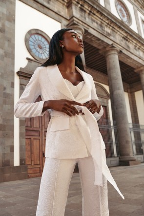  traje de chaqueta en jacquard brocado blanco blazer cuello esmoquin, boda civil, madre de comunion, bautizo, fondo de armario