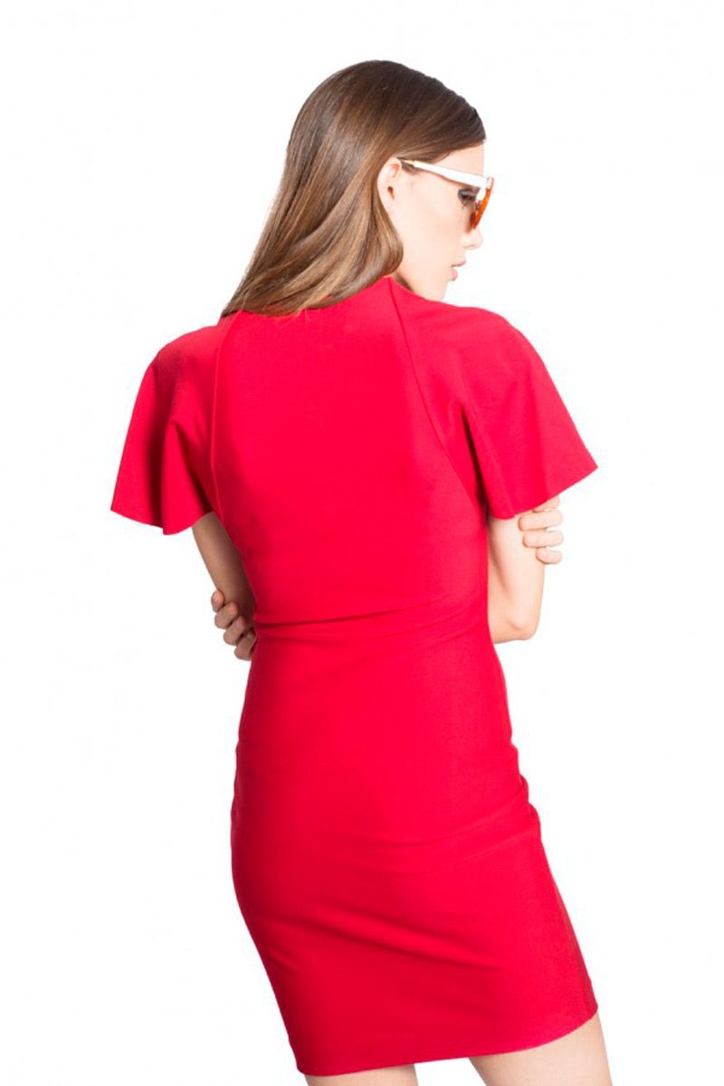 vestido de fiesta rojo de manga corta con escote en pico para bodas eventos nochevieja cocte de felipe albernaz