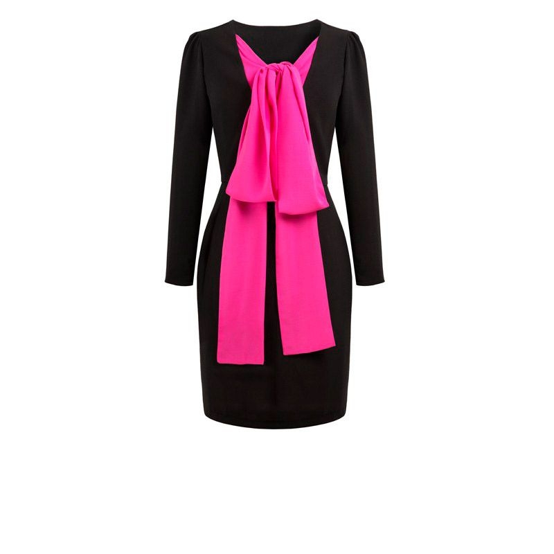 vestido de fiesta negro con lazo fucsia manga larga escote en la espalda de otono invierno de fiesta boda evento coctel bautizo nochevieja de arimoka en apparentia