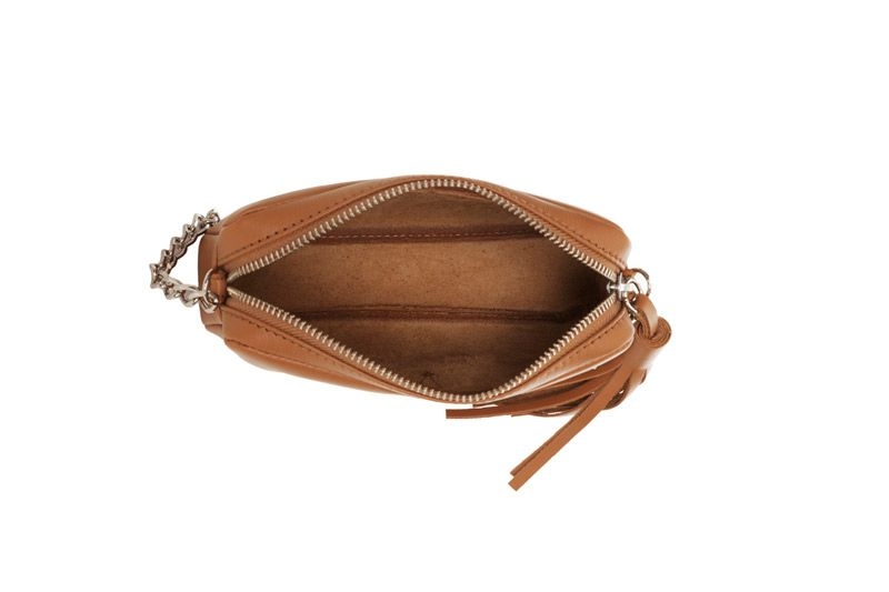 Bolso mini chic camel de colgar con asa metalica lacambra