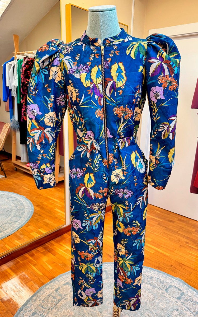mono azul estampado floral manga abullonada cremallera y bolsillos delanteros para invitada de boda, eventos de invierno, nochevieja y navidad