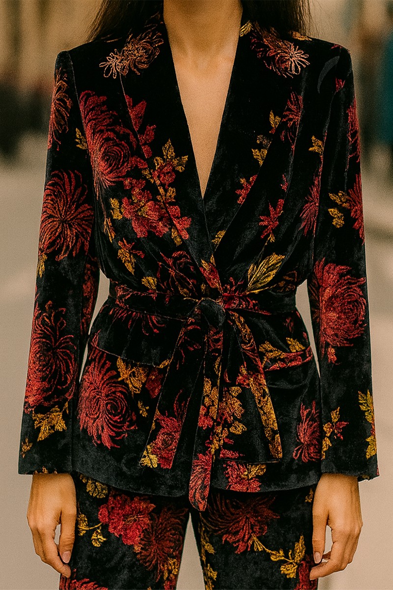 comprar traje de terciopelo negro con estampado flores chaqueta cuello esmoquin para eventos de invierno, invitada de boda de noche, navidad o nochevija