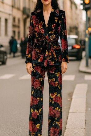 traje de terciopelo negro con estampado floral cuello esmoquin, cierre con cinturón y dos botones y falsos bolsillos para eventos de invierno, invitada de boda de noche, navidad o nochevija