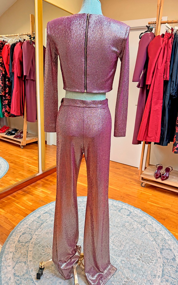 comprar online conjunto de top y pantalón de punto morado para invitada de boda de noche, eventos de invierno, navidad o nochevieja