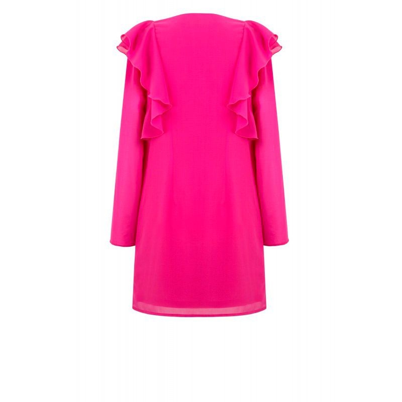 vestido rosa fucsia de fiesta con volantes y manga larga para bodas eventos fiestas coctel nochevieja de arimoka en apparentia