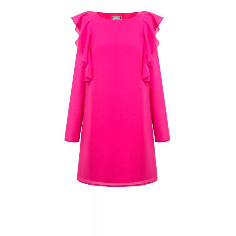 vestido rosa fucsia de fiesta con volantes y manga larga para bodas eventos fiestas coctel nochevieja de arimoka en apparentia