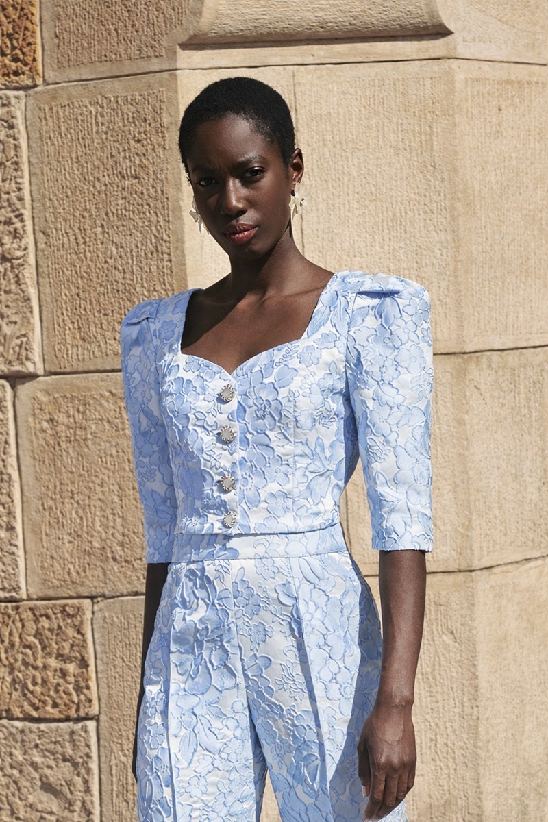 conjunto  de top y Pantalon palazzo de jacquard brocado azul claro, conjunto para invitada de boda de día, mamá de bautizo y comunión, comprar online