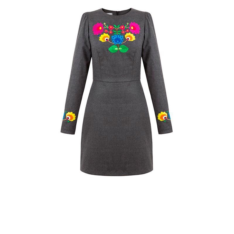 vestido gris de manga larga con flores bordadas de otono invierno para eventos fiestas oficina ocasiones especiales de arimoka en apparentia