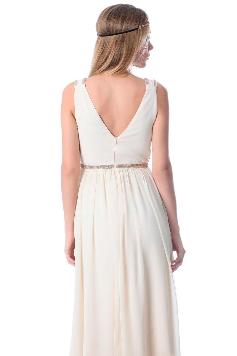 vestido largo blanco crudo de estilo griego con amplio escote y detalles de strass para fiesta evento nochevieja de q2 en apparentia