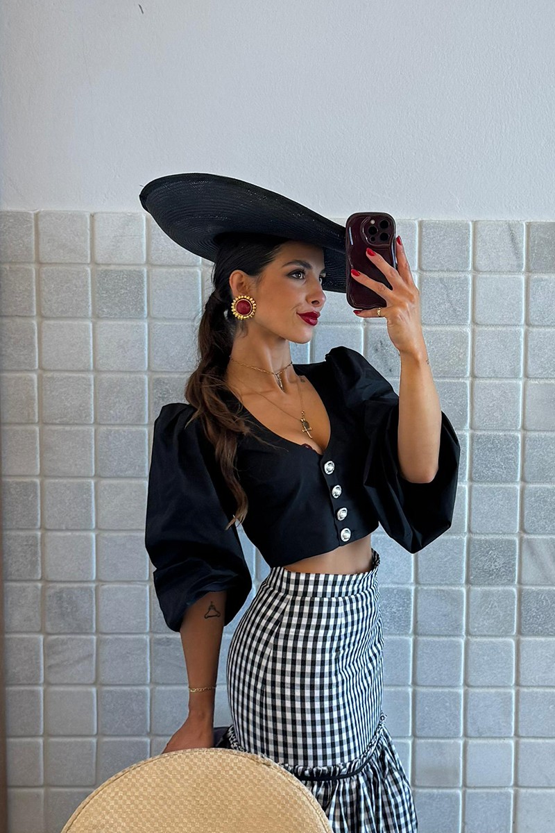 comprar Falda midi cuadro vichy volantes blanco y negro para invitada a boda, comunion, fiesta, largo midi