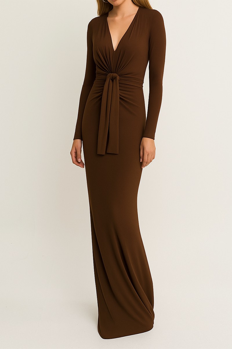 vestido de fiesta largo de punto drapeado en color marrón chocolate para invitada boda otoño invierno evento de trabajo