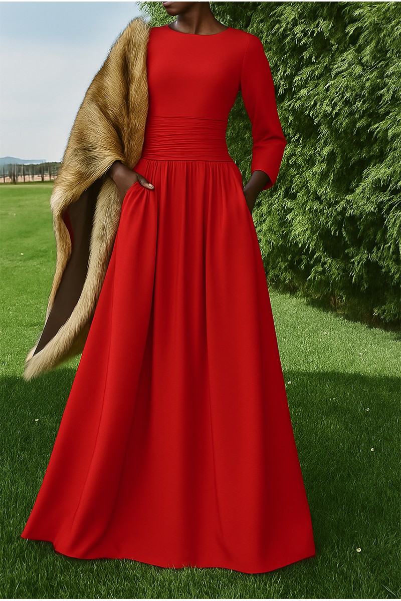 Vestido largo rojo de fiesta para boda con canesú drapeado y manga francesa para invitadas invierno con estola