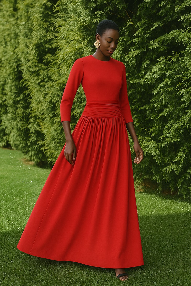 Vestido largo rojo de fiesta para boda con canesú drapeado y manga francesa comprar online para invitadas