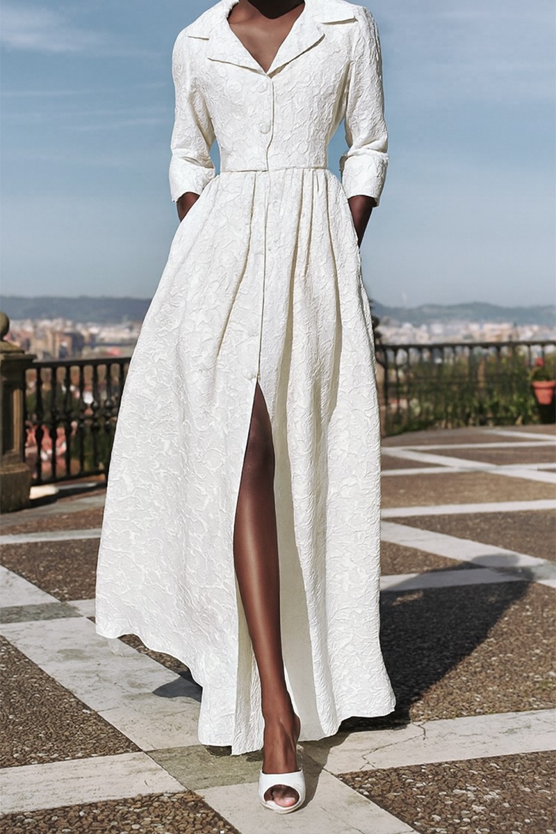 Vestido largo camisero en tejido brocado blanco para novia civil
