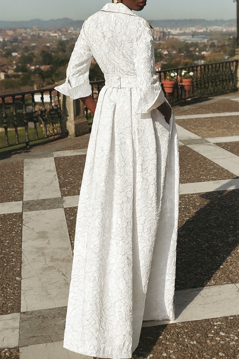 Vestido largo camisero en tejido brocado blanco
