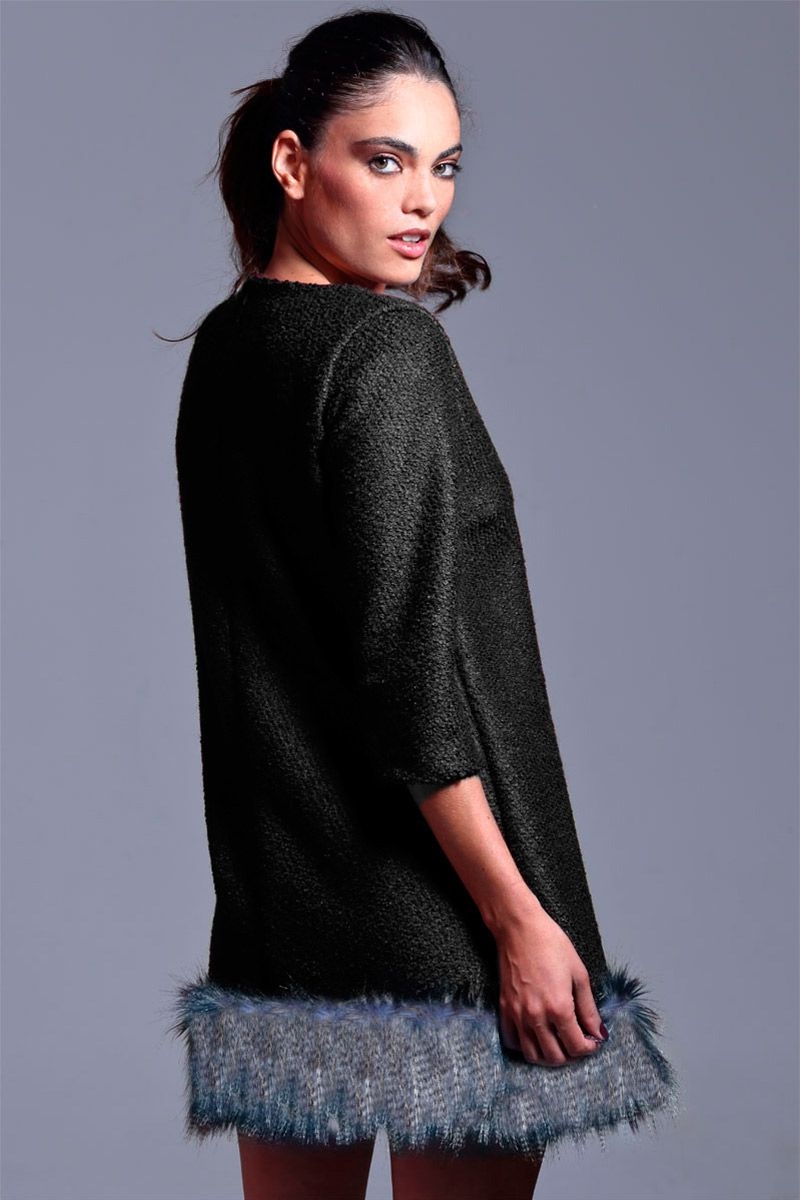 vestido negro de baguilla de lana con pelo largo con manga 3/4 de otoño invierno 2015 2016 para look elegante para eventos ocasiones especiales oficina trabajo fiestas de apparentia