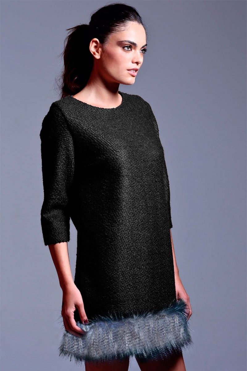 comprar online vestido negro de baguilla de lana con pelo largo de otoño invierno de manga larga para oficina trabajo ocasiones especiales coctel eventos de apparentia