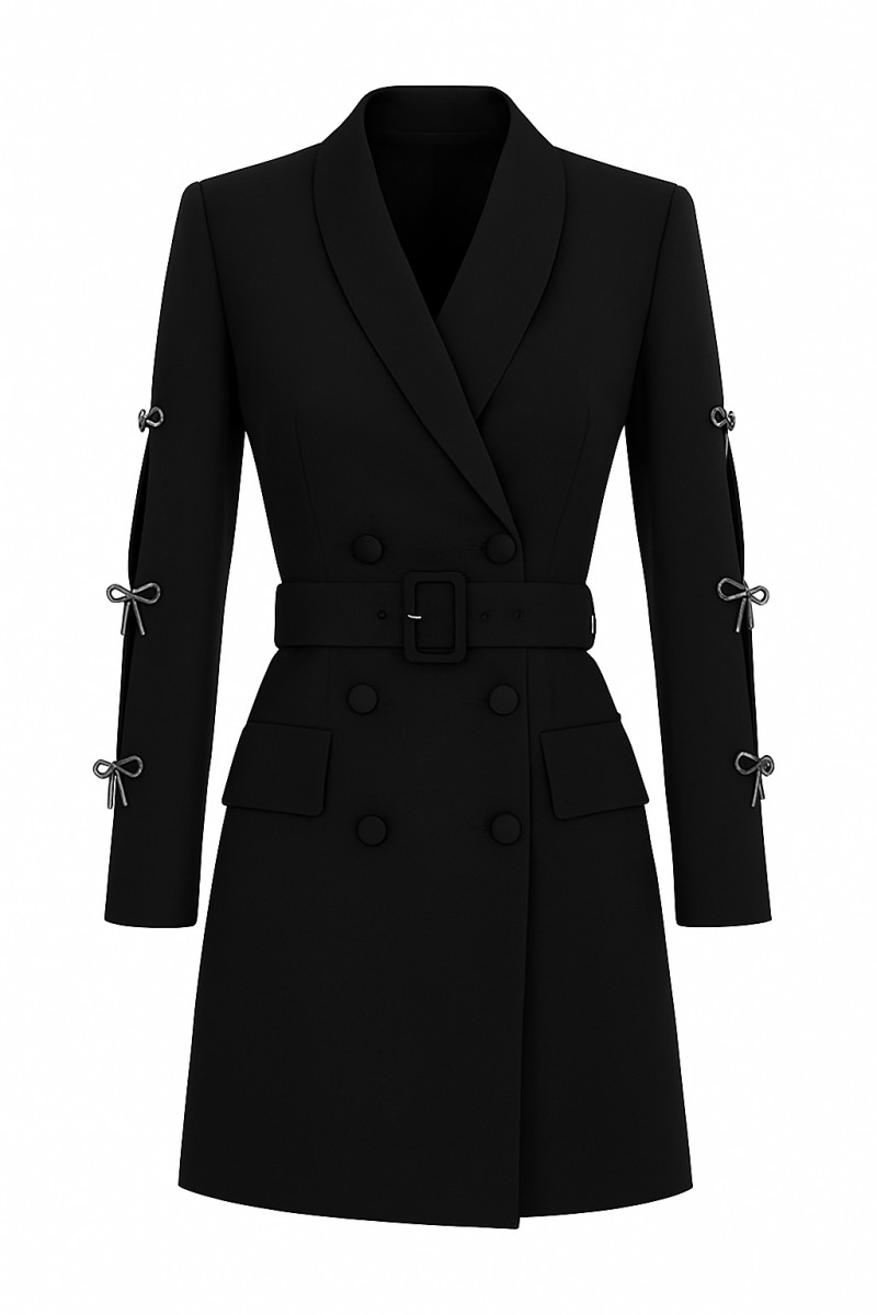 vestido esmoquin corto negro con manga con lazos joya para invitada a boda, bautizo, comunion, coctel, graduacion, fiesta, comprar online, mangas aberturas