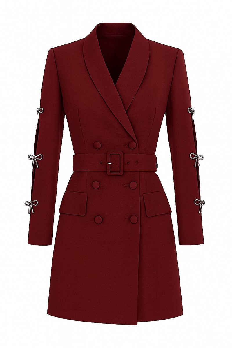 vestido esmoquin corto en crepe burdeos para invitadas, fiesta ,e vetnos novaidad, otoño-invierno