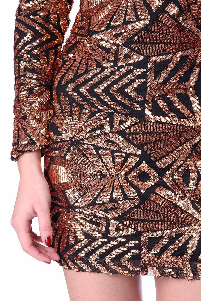 vestido de lentejuelas dorado con estampado geometrico manga larga y escote en la espalda para fiestas eventos y ocasiones especiales de q2 en apparentia