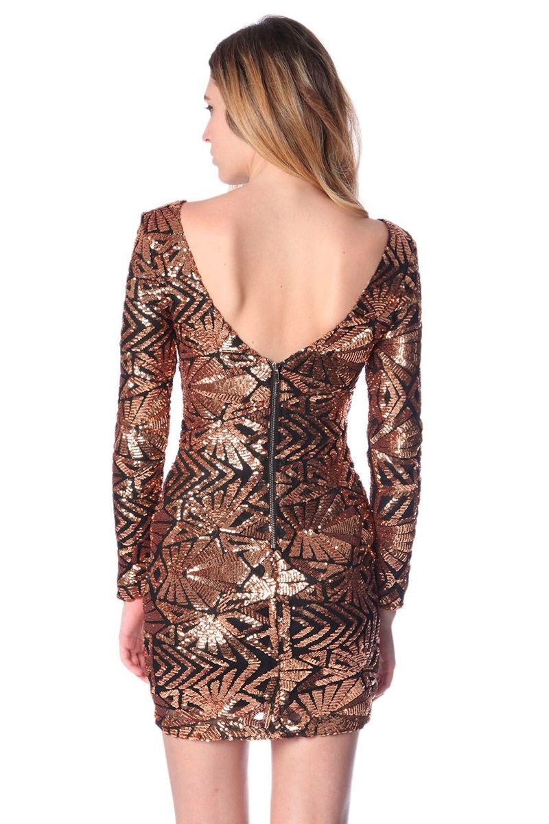vestido de lentejuelas dorado con estampado geometrico manga larga y escote en la espalda para fiestas eventos y ocasiones especiales de q2 en apparentia