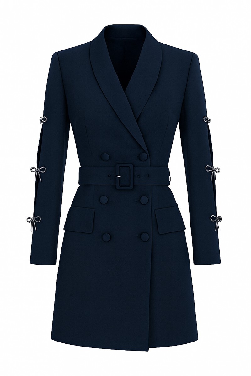 vestido esmoquin azul marino con manga con lazos joya para invitada a boda, bautizo, comunion, coctel, graduacion, fiesta, navidad comprar online, mangas aberturas