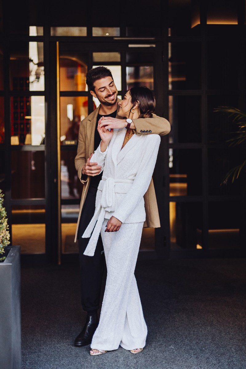 comprar traje blanco para novia de chaqueta y pantalon de lentejuelas para boda íntima, segundo vestido de novia, preboda, evento de trabajo, fiesta