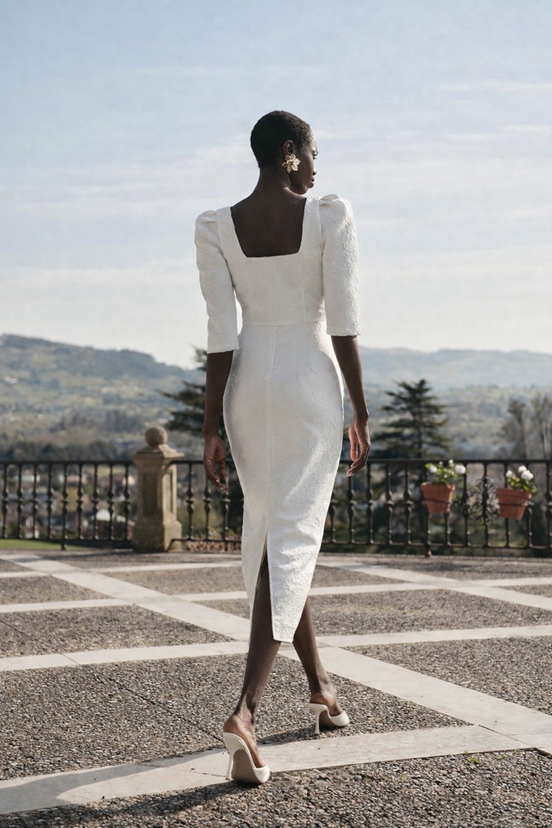 vestido para mama de comunion o novia civil blanco con peplum boton joya