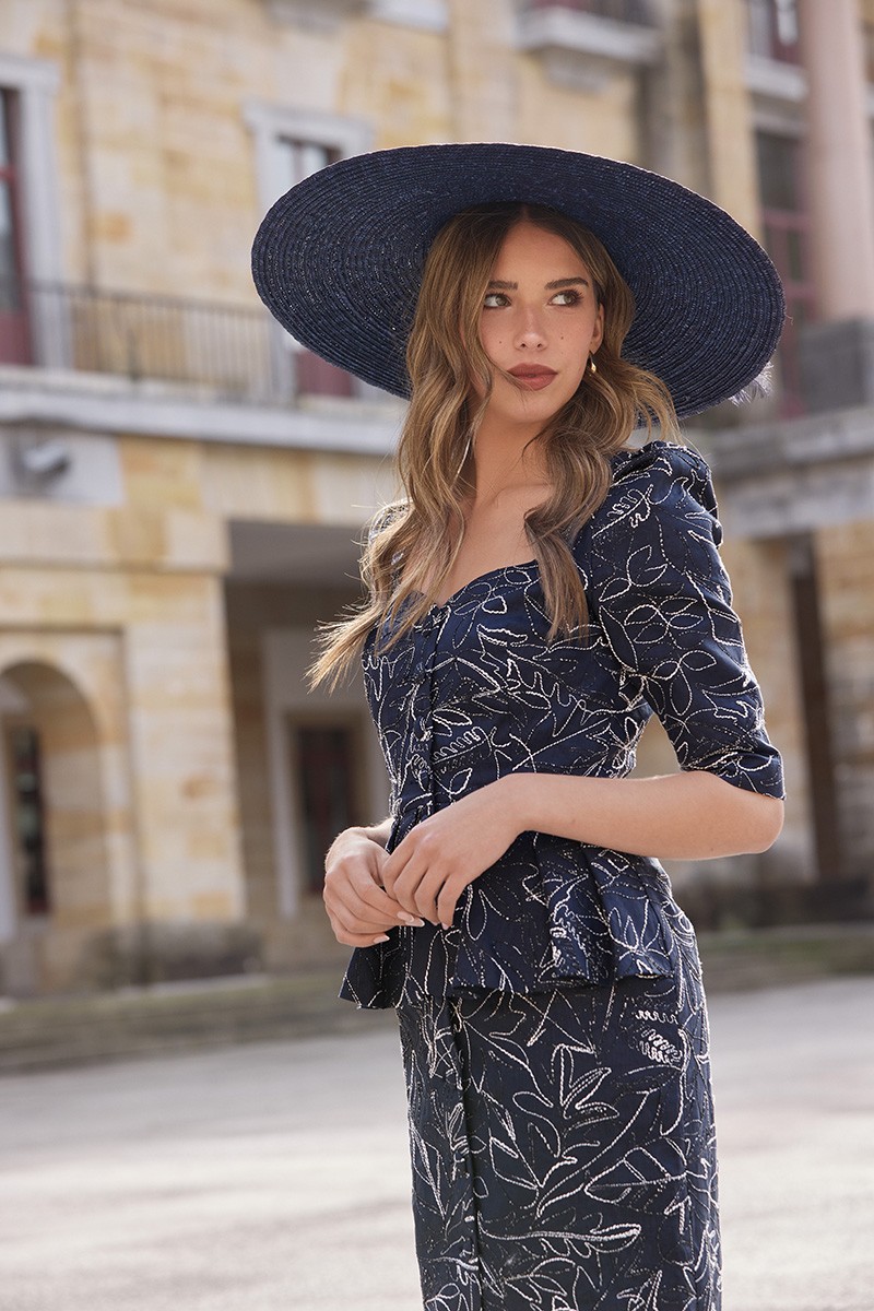 vestido midi de lino azul marino con peplum manga abullonada invitadas a boda, bautizo, mama de comunion, shop online