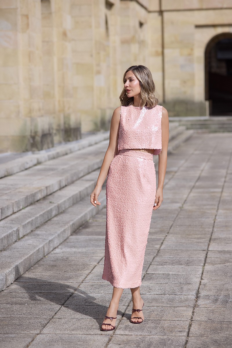 Falda de fiesta con gasa lentejuelas geométricas en tonos rosa palo, para invitadas a boda de dia, bautizo, comunion, graduacion, shoponline, apparentia, confirmacion, boda 