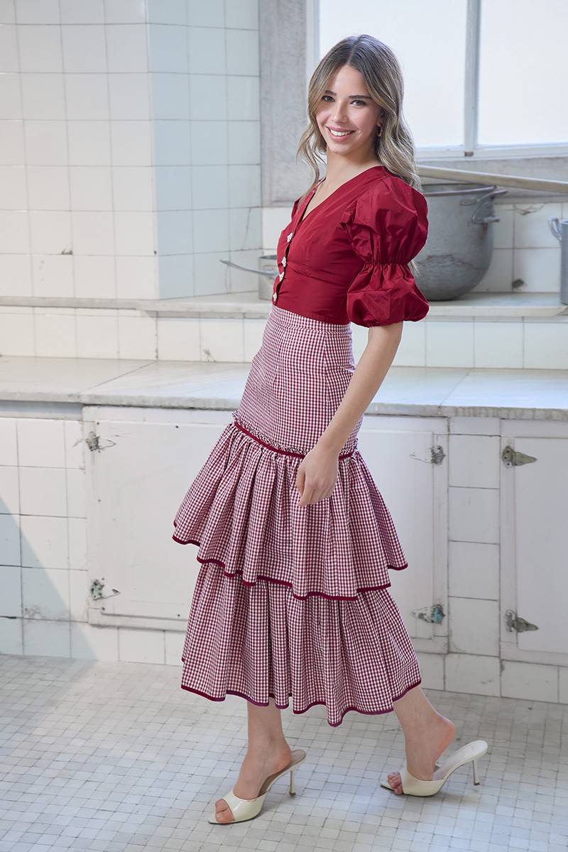 Falda midi cuadro vichy volantes blanco y burdeos para invitada a boda, comunion, fiesta, largo midi