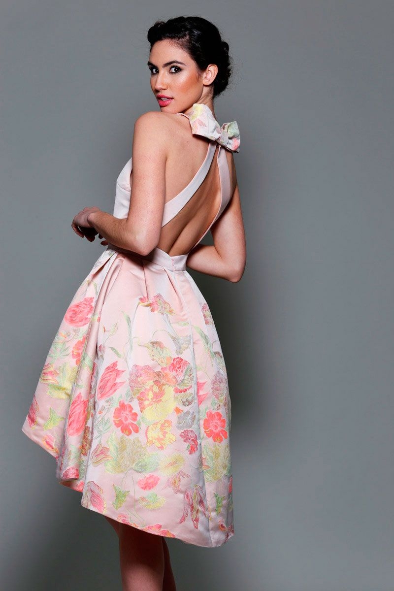 comprar online vestido de fiesta rosa asimetrico con escote en la espalda y cuello halter de boda evento coctel bautizo comunion graduacion en apparentia