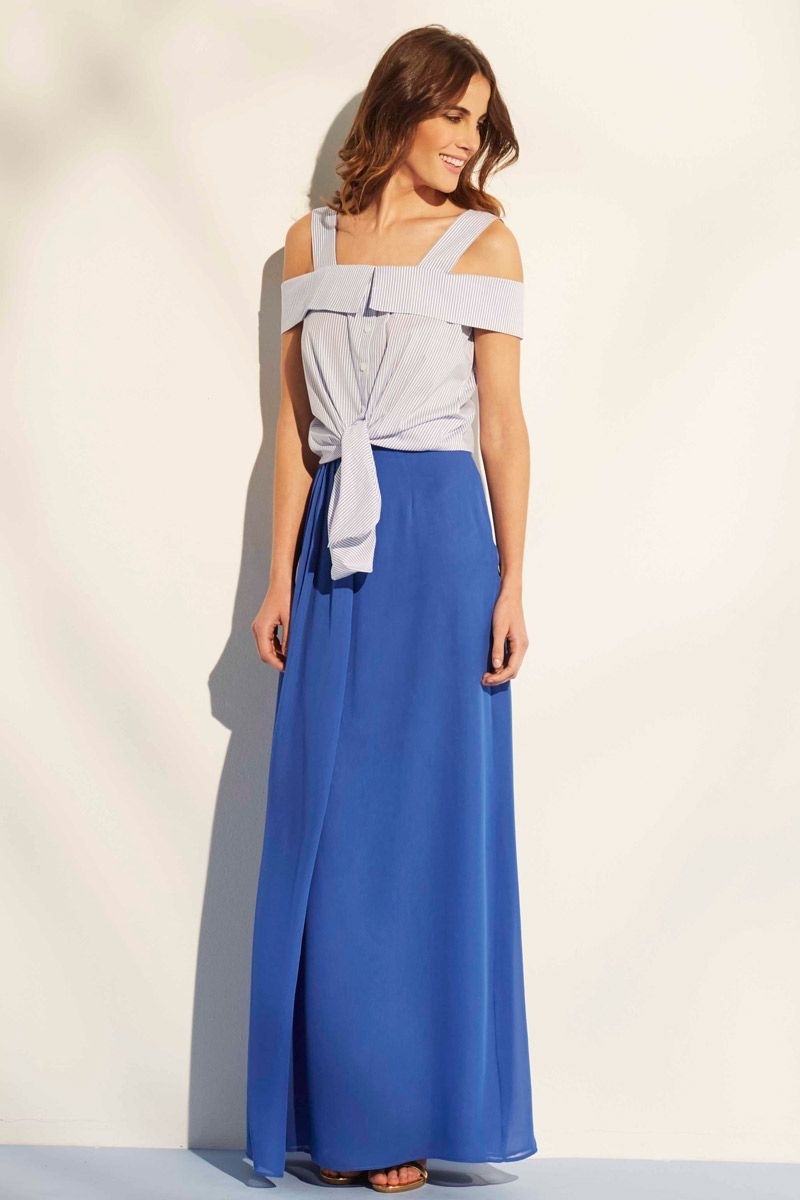 falda azul largo fluida con abertura lateral para bodas eventos fiesta bautizos de nubbe en apparentia