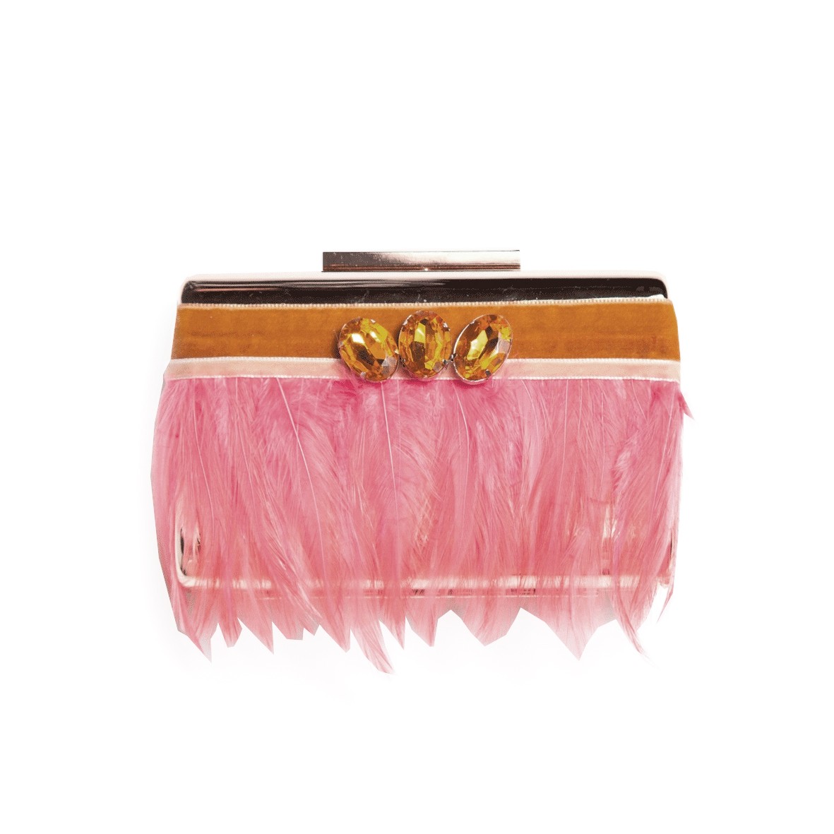bolso de fiesta dorado con plumas rosas y pedreria en tonos ocre para boda evento coctel bautizo comunion graduacion de apparentia