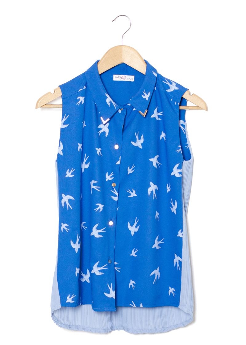 blusa azul sin mangas estampado de pájaros katie